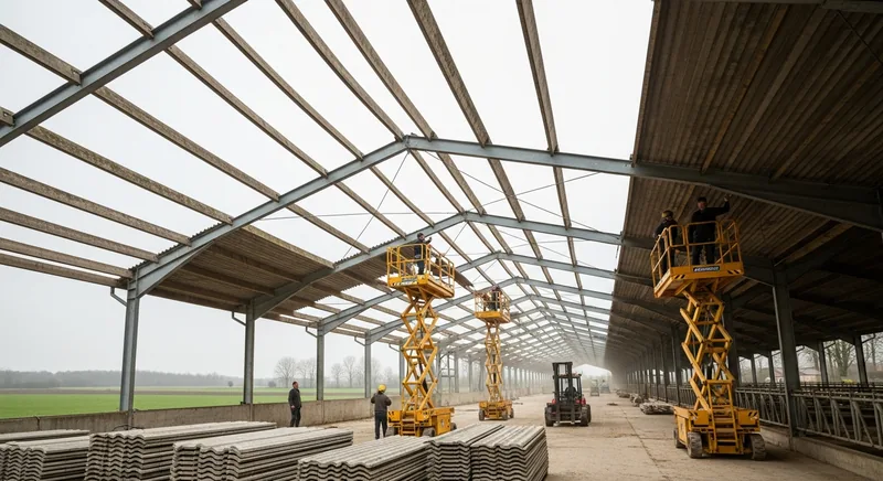 Dépose de la couverture fibrociment d'un hangar d'élevage de 280 m², Sud du bourg, Bouguenais