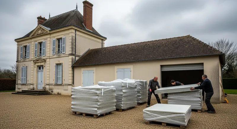 Garage et appentis de 1974 : deux couvertures fibrociment retirées en une journée, Gesvrine, La Chapelle-sur-Erdre