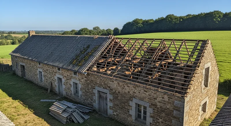 Dépose de la couverture fibrociment d'une longère et de son hangar attenant, La Minais, Sainte-Luce-sur-Loire