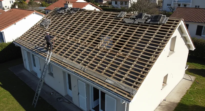Dépose de la toiture fibrociment d'un pavillon des années 70, Le Tillay, Saint-Herblain