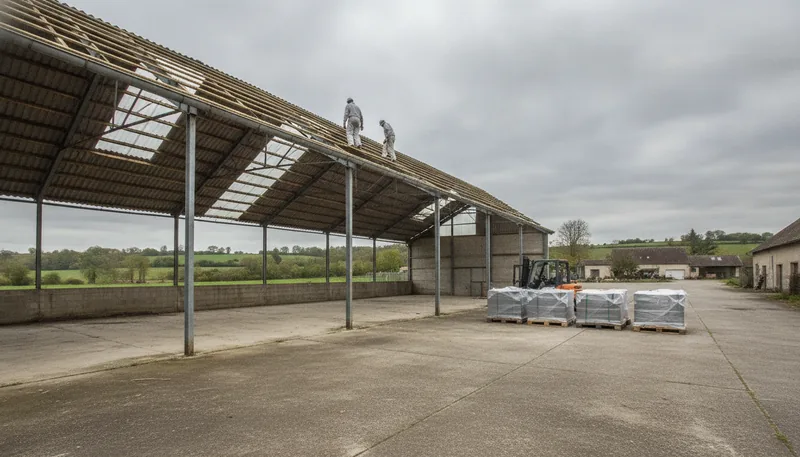 Dépose de 380 m² de plaques fibrociment sur un hangar de stockage, Saint-Macaire-en-Mauges à Sèvremoine